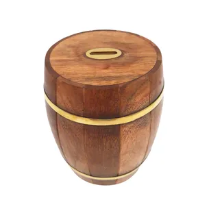 Duża drewniana skarbonka beczka otwierana retro DNU-002