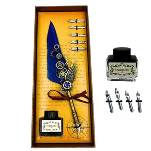 Zestaw do kaligrafii retro z niebieskim piórem gęsim vintage, 6 stalówek i atramentem – EE11