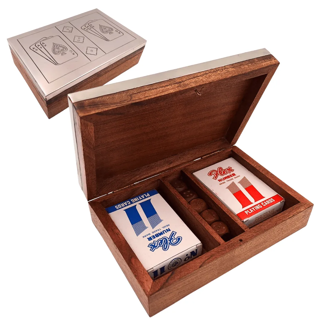 Dwie talie kart i kości do gry w drewnianym pudełku z aluminiowym topem DC-004