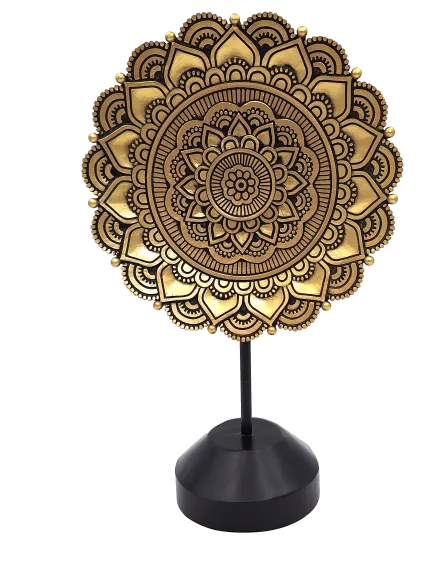 Figurka Mandala owalna 28 cm – dekoracja buddyjska złoto-czarna