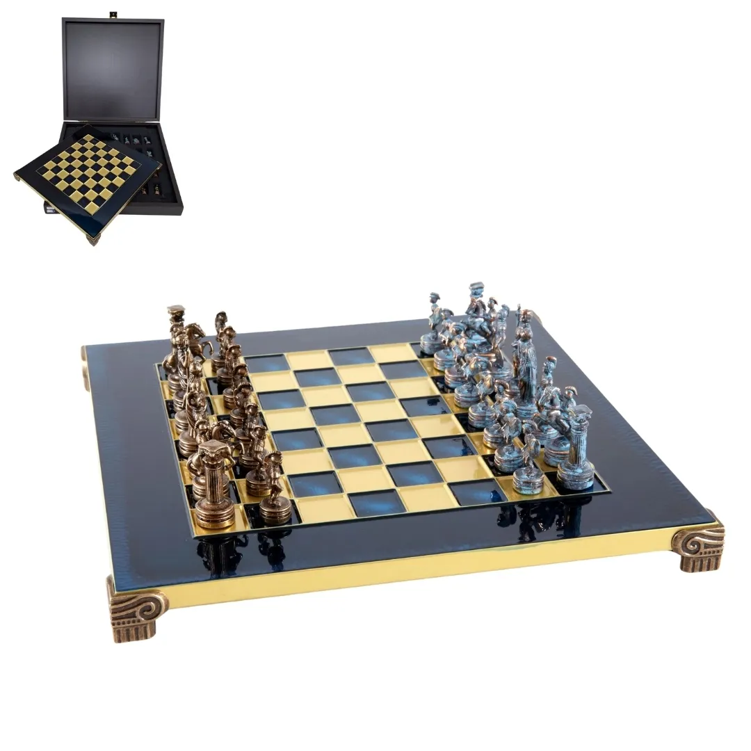 Luksusowe szachy mosiężne 28 x 28 cm – ekskluzywny zestaw prezentowy S3BBLU