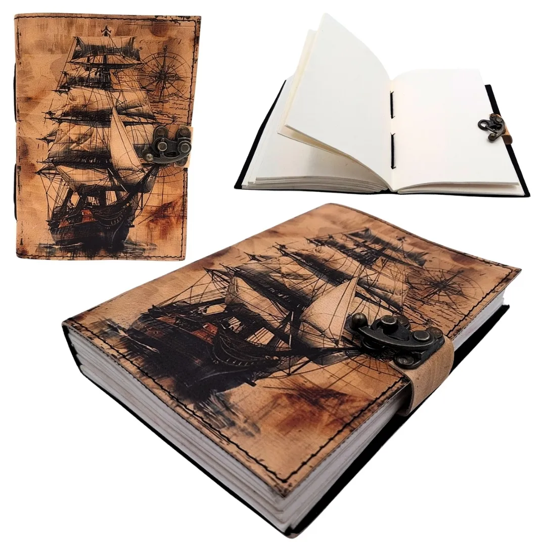 Notes skórzany marynistyczny z żaglowcem retro AH11 – prezent dla żeglarza