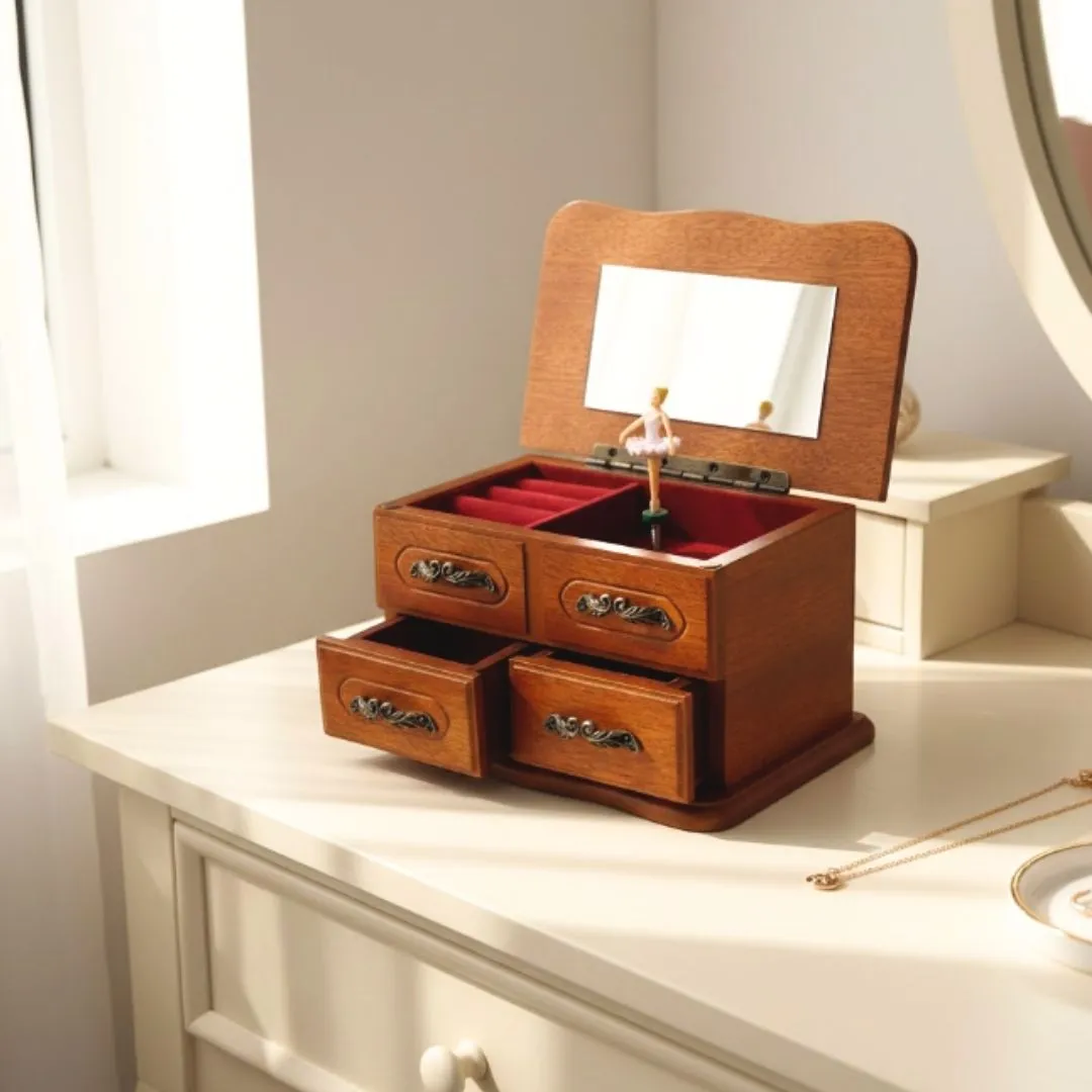 Pozytywka drewniana szkatułka z lusterkiem i 2 szufladami 16053