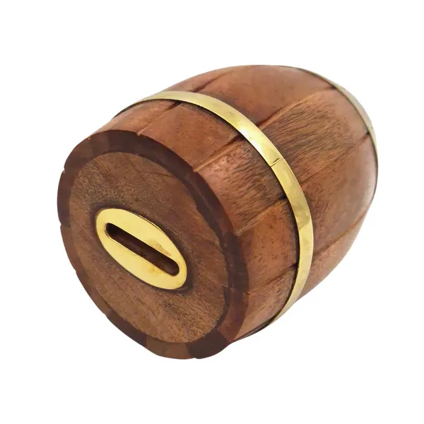 Skarbonka beczka drewniana z okuciami mosiężnymi DNU-001